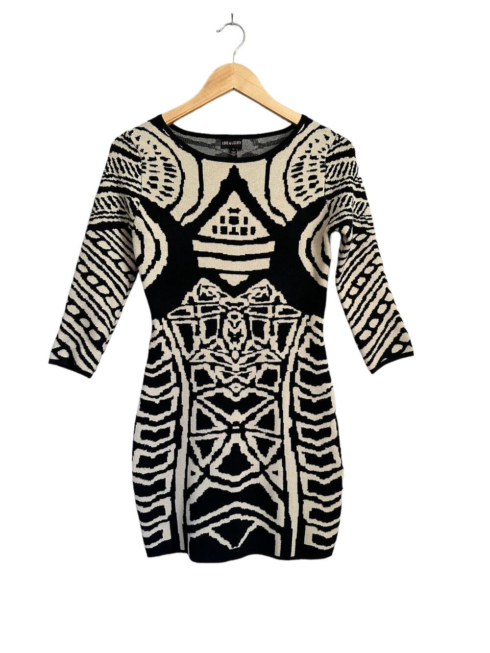 NEW Love and Liberty Aztec Black Cream Sweater Bodycon Mini Dress Size Medium